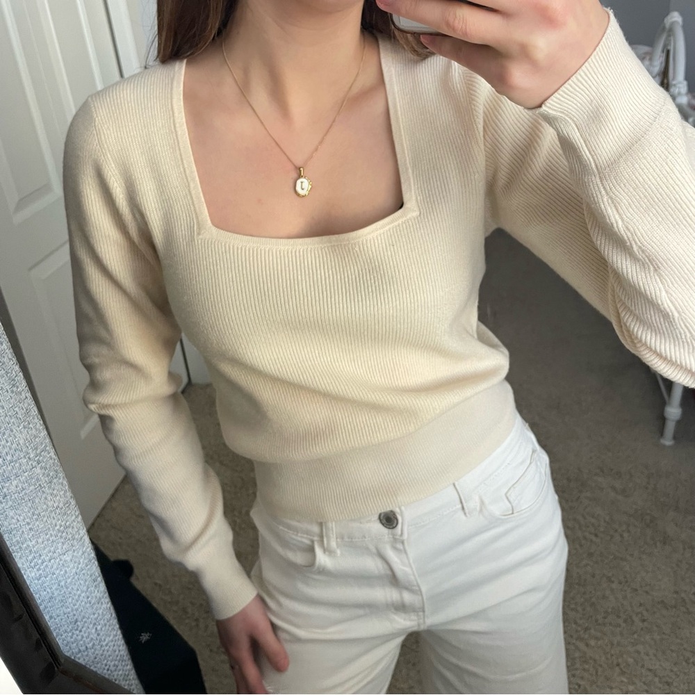 Cream Square Neck Ribbed Sweater